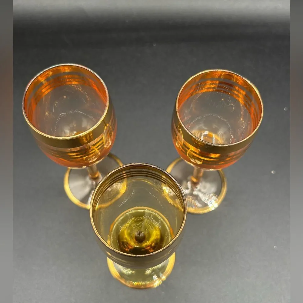 Vtg. (3) Amber Optic Gold Trim Sherry Cordial Stem Glasses Orange Yellow MCM